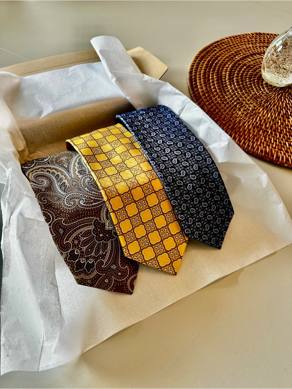 Men's Patterned Silk Tie Trio - Brown, Yellow, Navy